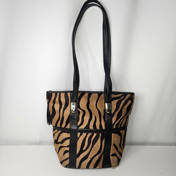 Vtg Genuine Leather Cowhide Animal Print Hair-on Tote Handbag Purse - Picture 1 of 10